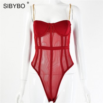 Sibybo Metal Chain Strap Mesh Sexy Bodysuit Women Sleeveless Transparent Skinny Summer Romper Women Black Beach Ladies Bodysuits Red